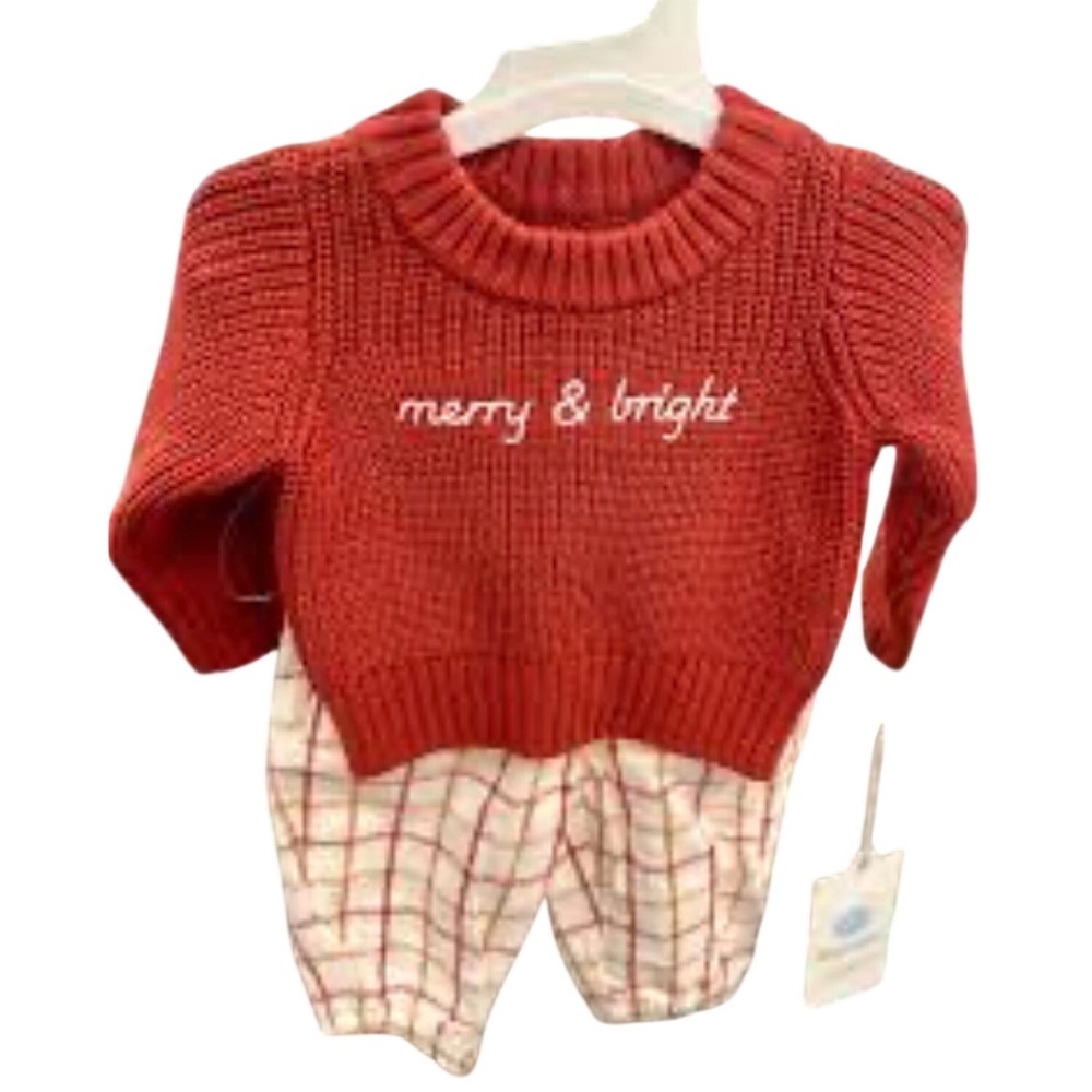 Cloud Island Baby Merry & Bright Red Knit Sweater and Plaid Pants Set 0-3M NWT
